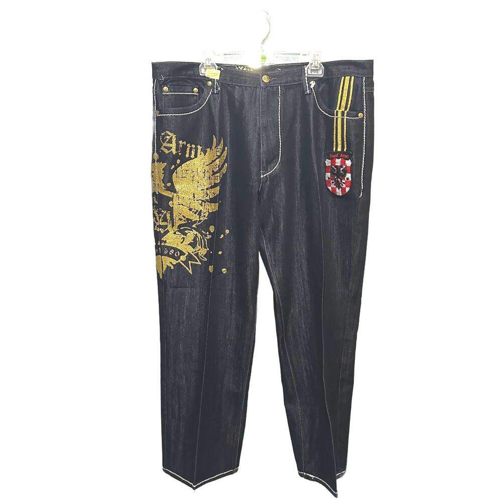 Royal Army Dark Blue Gold Detailling & Bades Men's Jeans Y2K Size 44/32